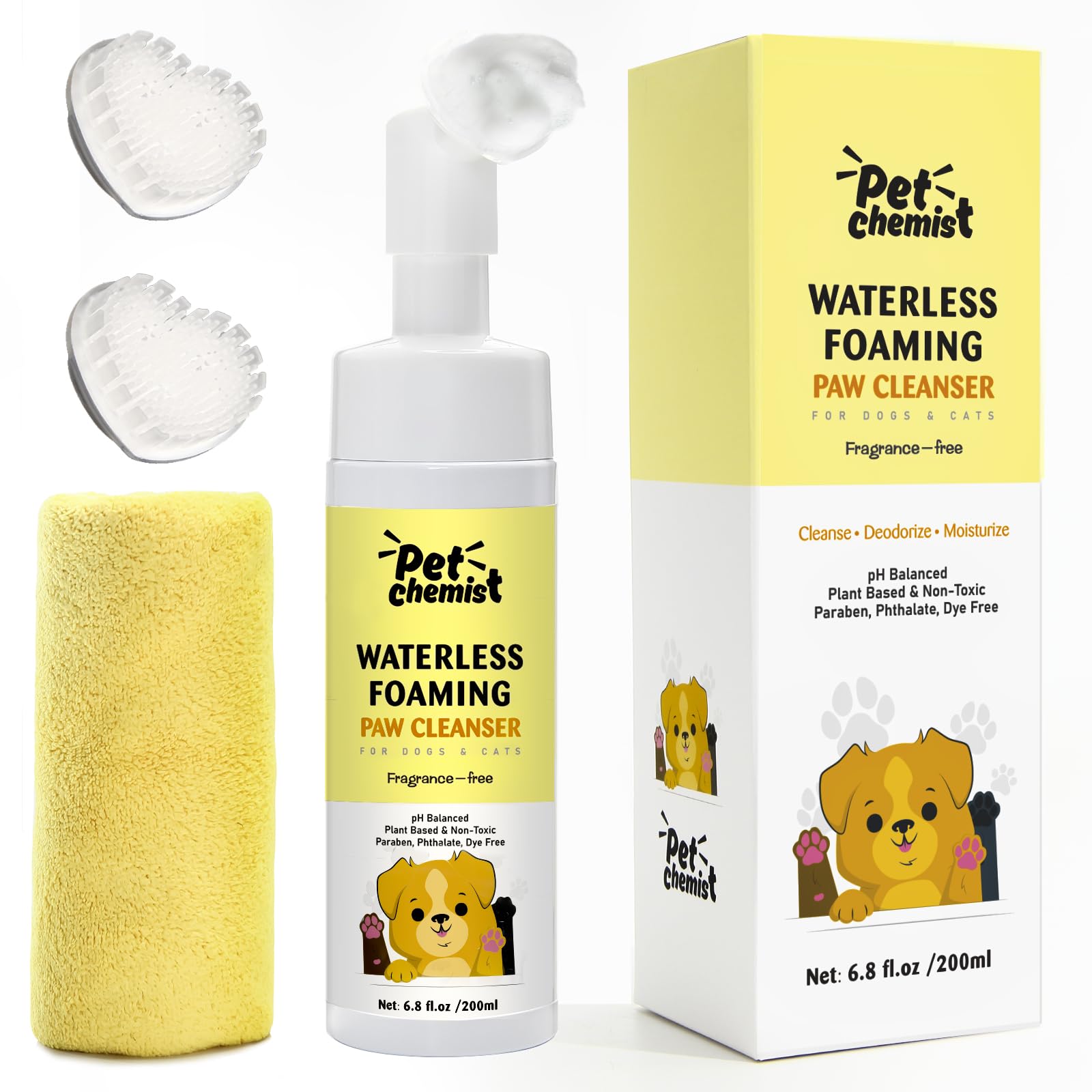 Pet Chemist dog paw cleaner foaming action demonstrates fast, waterless cleansing for muddy paws.