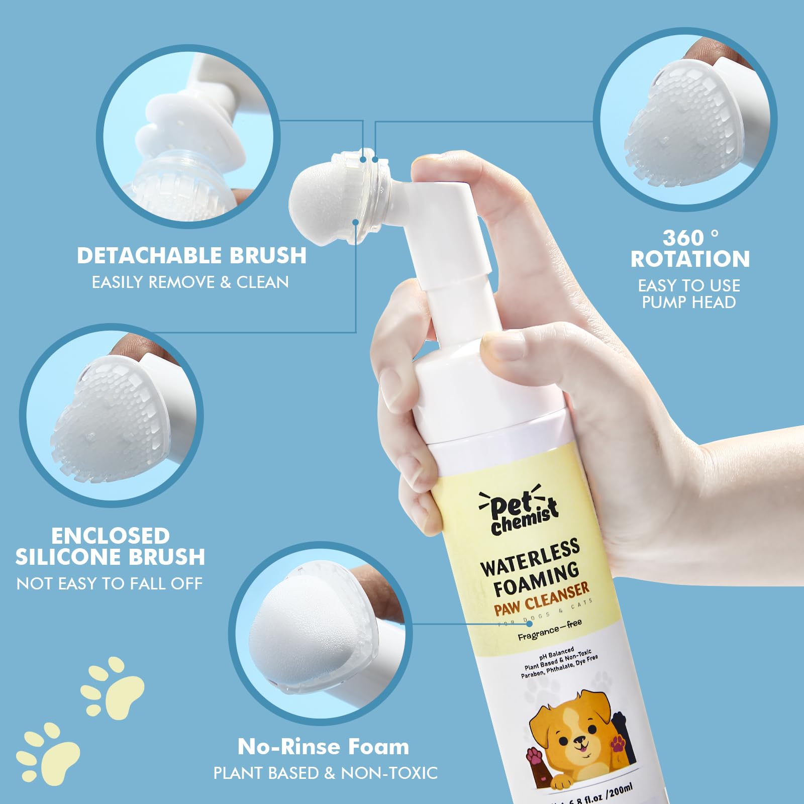 Pet Chemist paw cleaner 3 silicone brushes towel kit shows thorough brushing and quick drying.