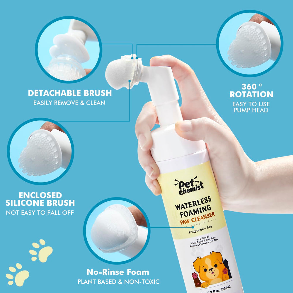 Pet Chemist paw cleaner 3 silicone brushes towel kit shows thorough brushing and quick drying.