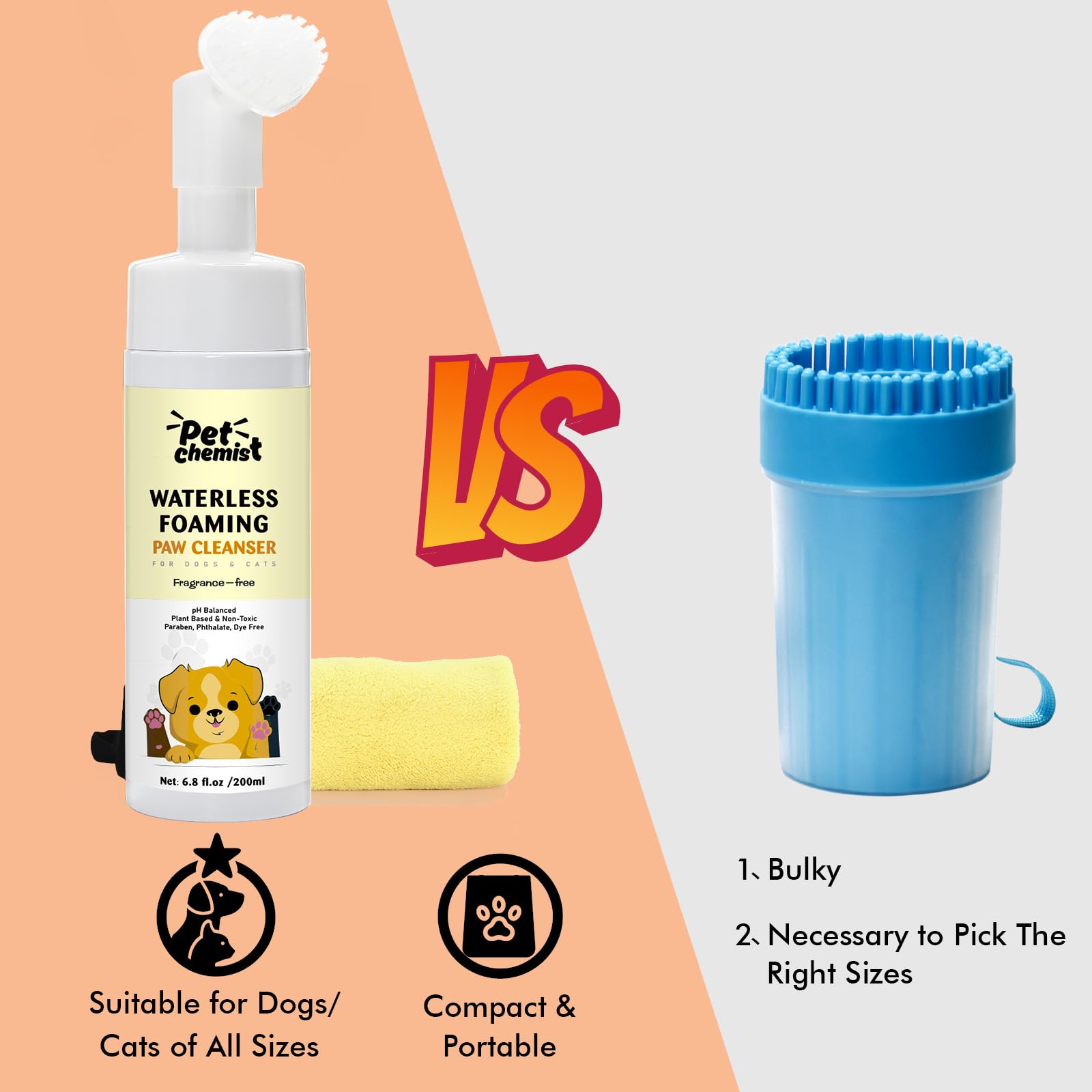 Pet Chemist paw cleaner foam dispense showcases no-rinse convenience during home grooming.
