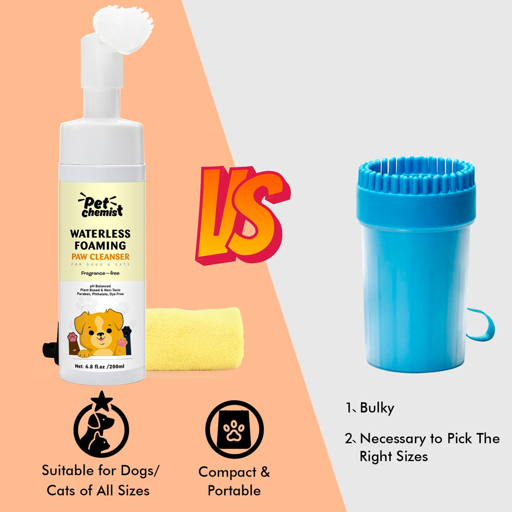 Pet Chemist paw cleaner foam dispense showcases no-rinse convenience during home grooming.