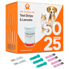 Pet Control HQ glucose test-strip closeup showing minimal blood drawn for accurate readings