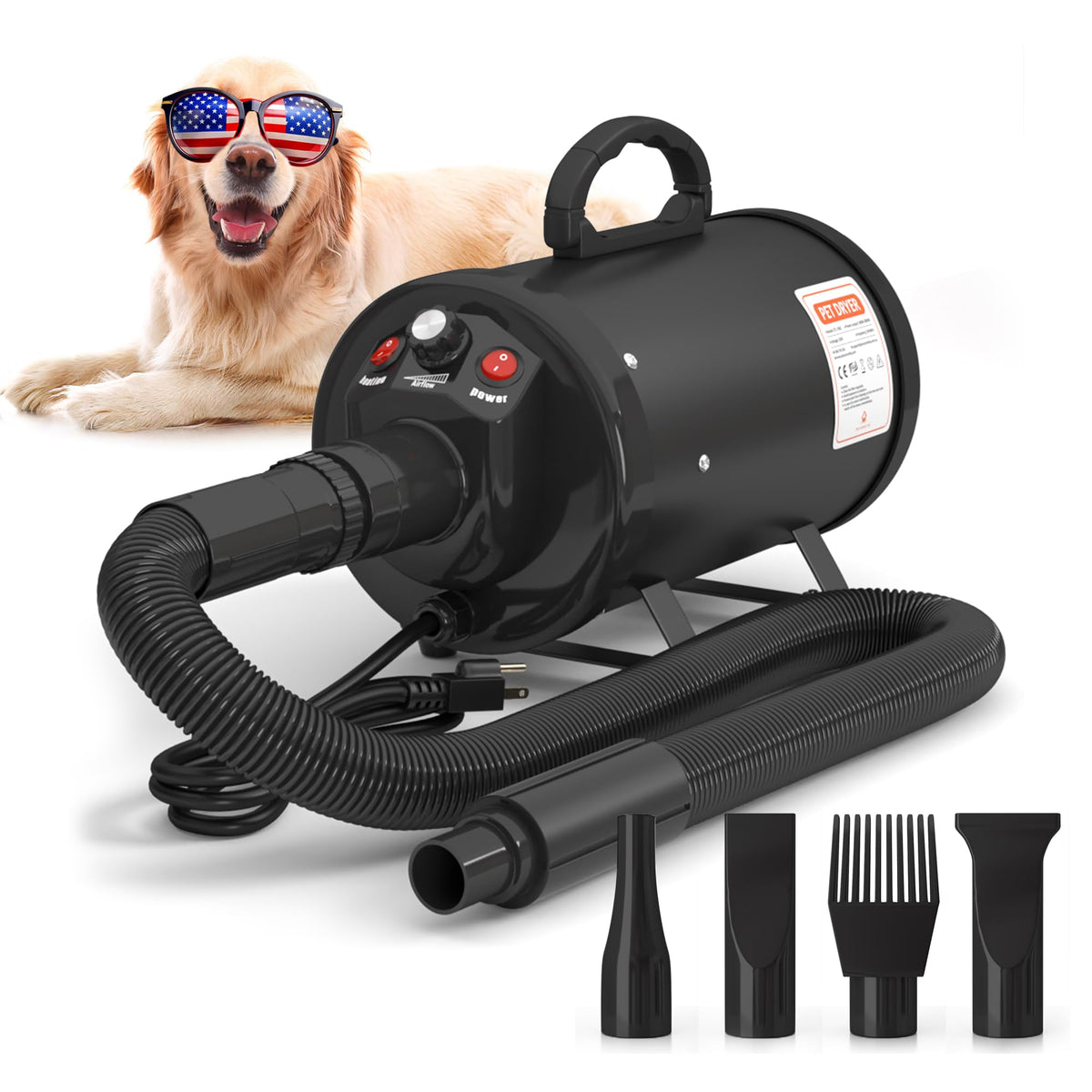 Pet Control HQ high-velocity dryer front view, compact design for home use