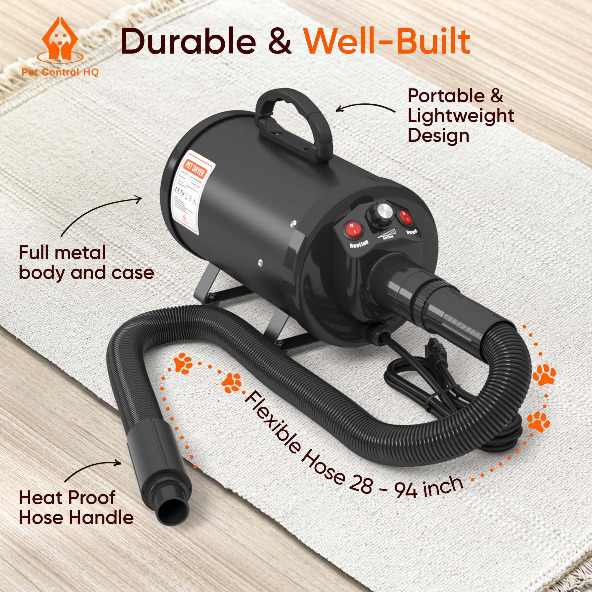 Pet Control HQ high-velocity dryer low-noise motor reduces pet stress during grooming