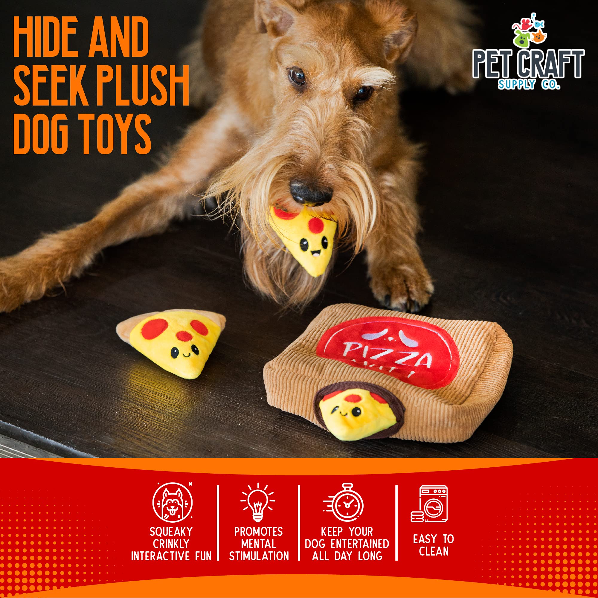 Pet Craft Supply Hide and Seek squeaky-crinkle toy adds audio cues to playtime.