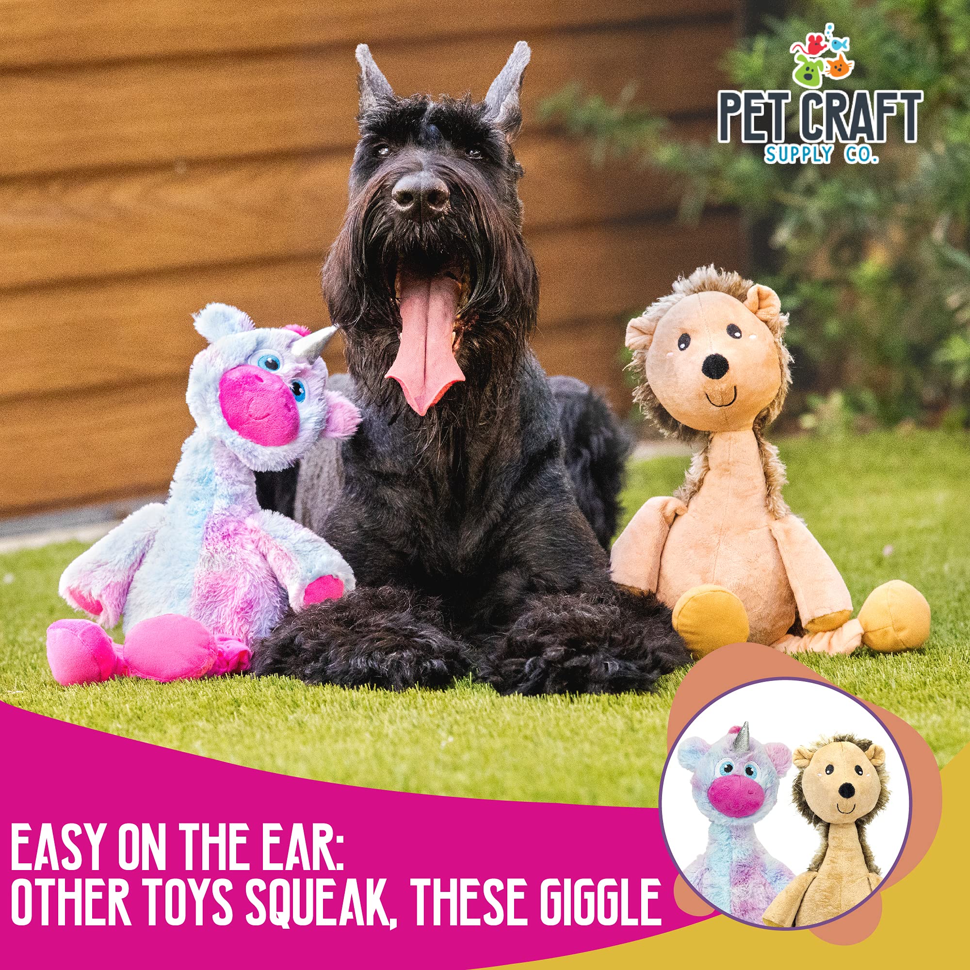 Pet Craft Supply Jiggle Giggle plush-legs toy highlights durable dog-friendly materials.