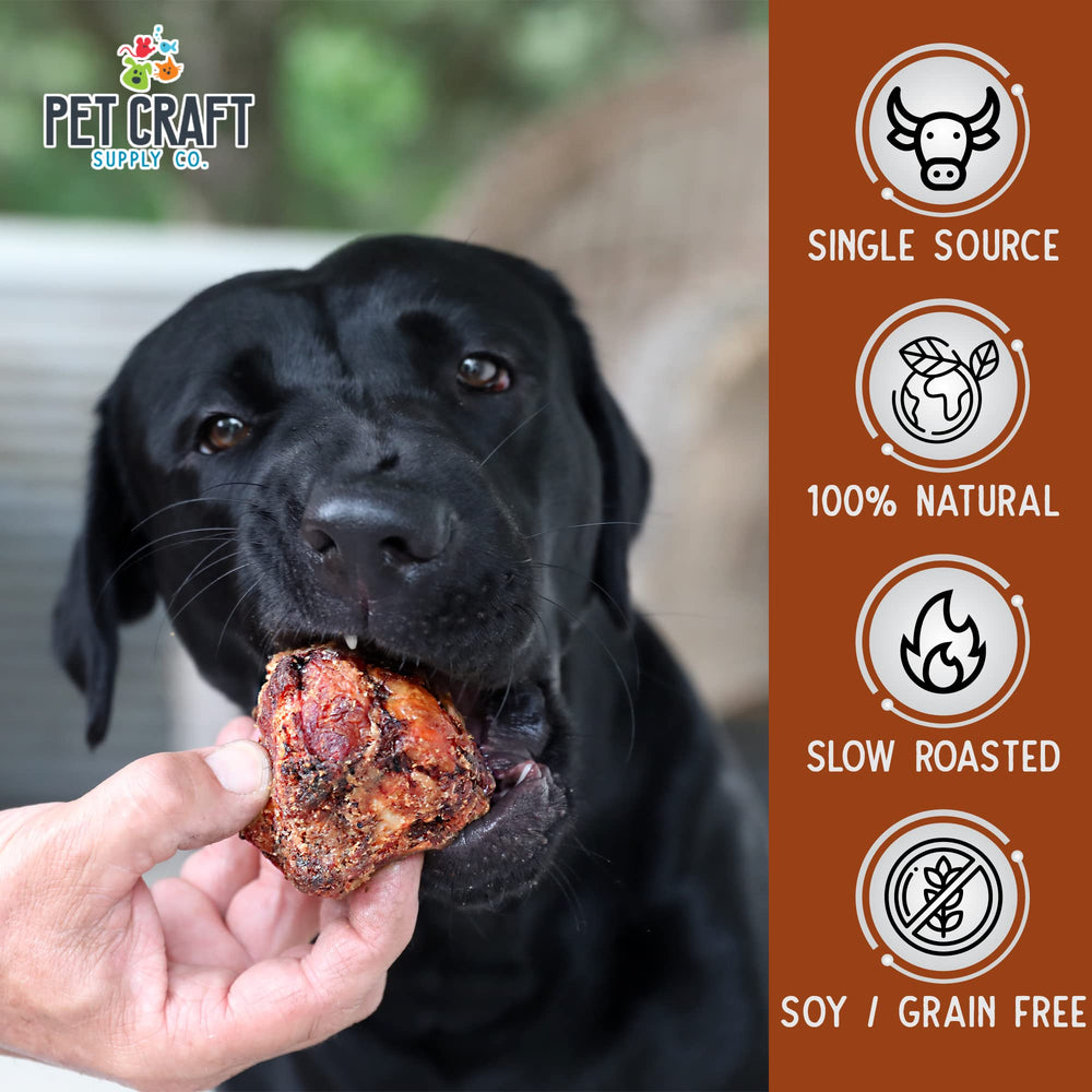 Pet Craft Supply meaty buffalo knee caps close-up shows grain-free, rawhide-free single-ingredient quality.