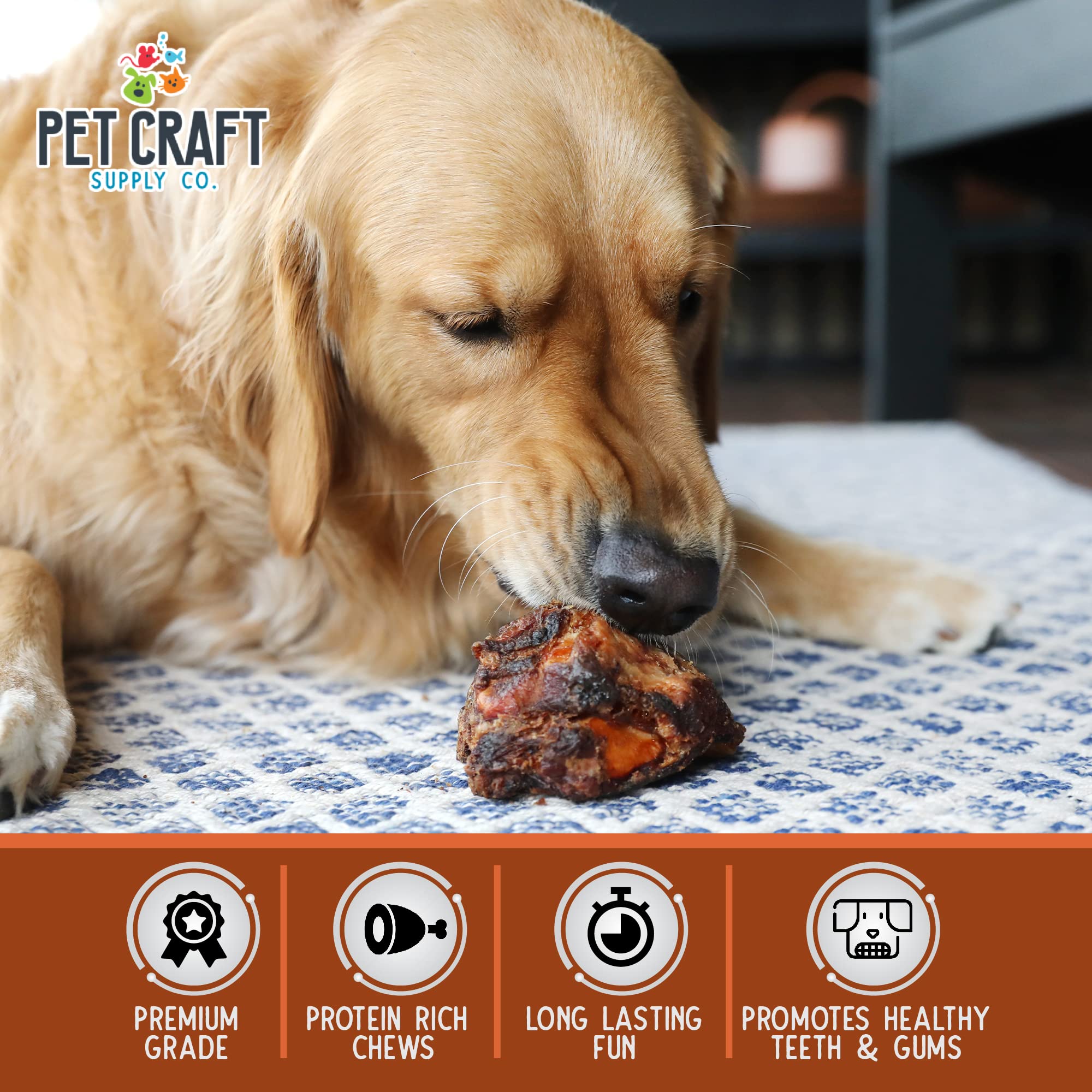 Pet Craft Supply meaty buffalo knee caps in action demonstrates durable chew for tough chewers.
