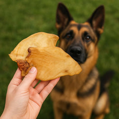 Pet Craft Supply Water Buffalo Ear dog-chew action demonstrates lasting entertainment for dogs.