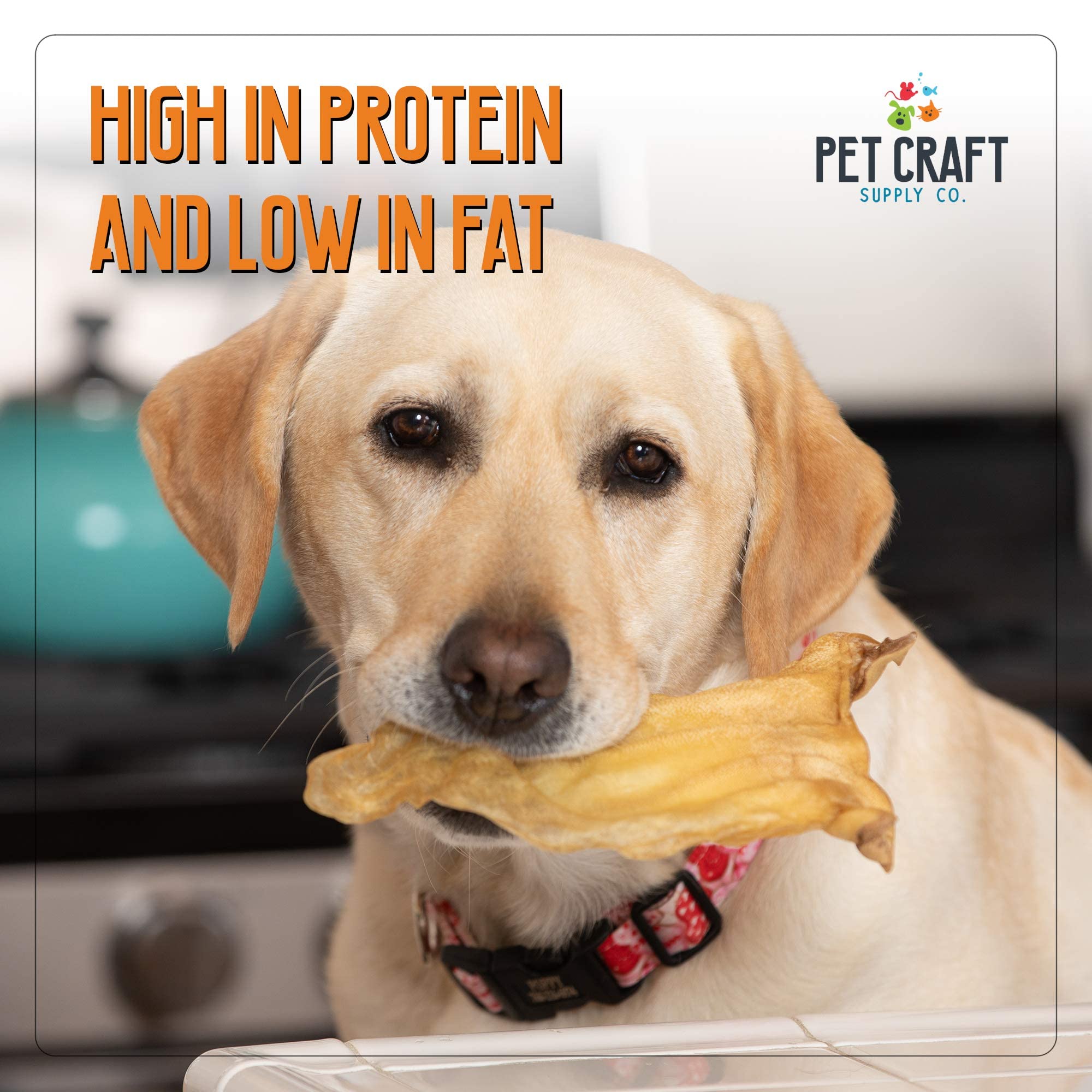 Pet Craft Supply Water Buffalo Ear packaging emphasizes all-natural sourcing and sustainability.