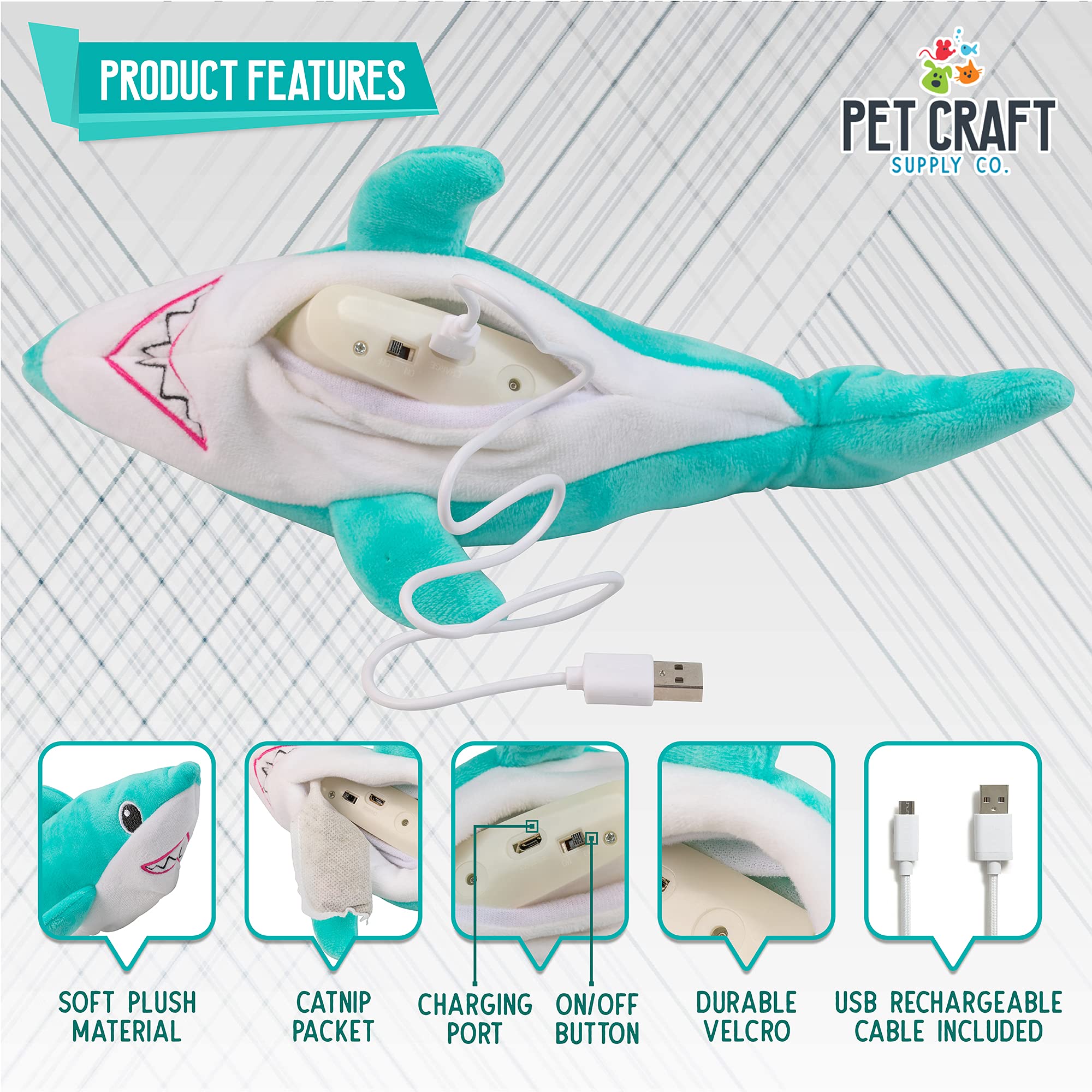 Pet Craft Supply Wiggle Pickle Shark Flipper Flopper USB rechargeable design saves on battery replacements.