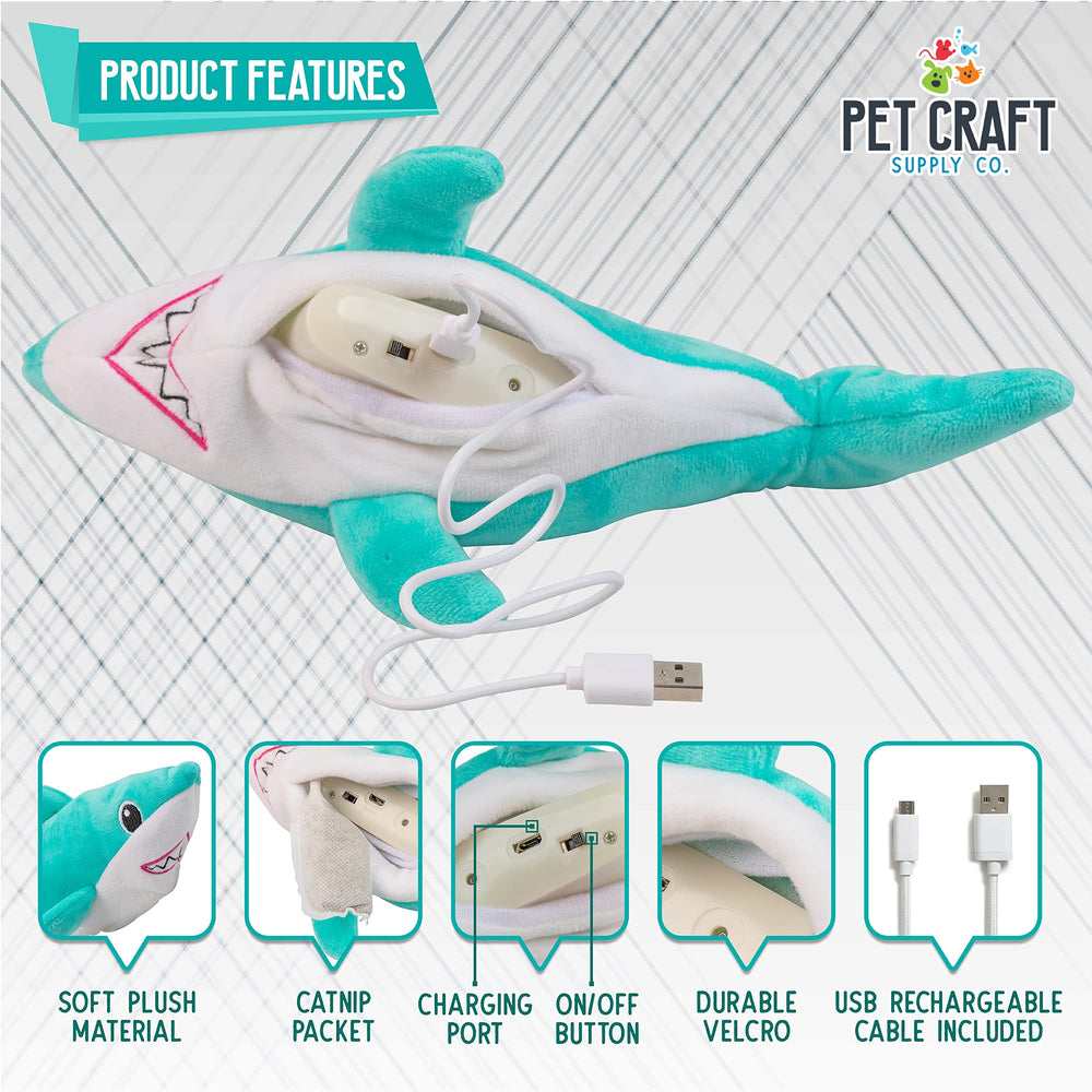 Pet Craft Supply Wiggle Pickle Shark Flipper Flopper USB rechargeable design saves on battery replacements.