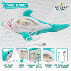 Pet Craft Supply Wiggle Pickle Shark Flipper Flopper USB rechargeable design saves on battery replacements.