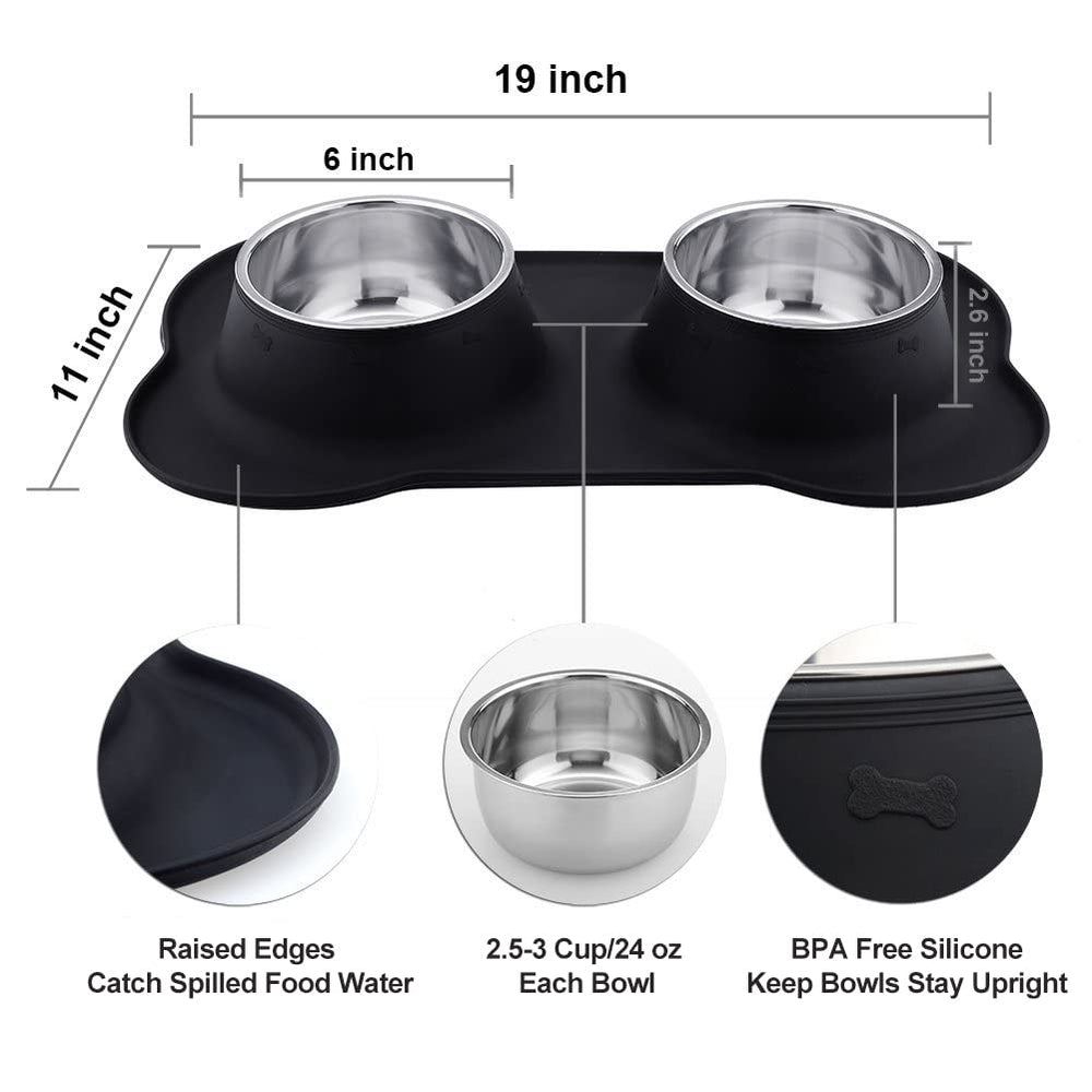Pet Deluxe double bowls for water and food with spill-proof silicone base.