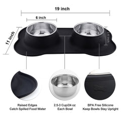 Pet Deluxe double bowls for water and food with spill-proof silicone base.