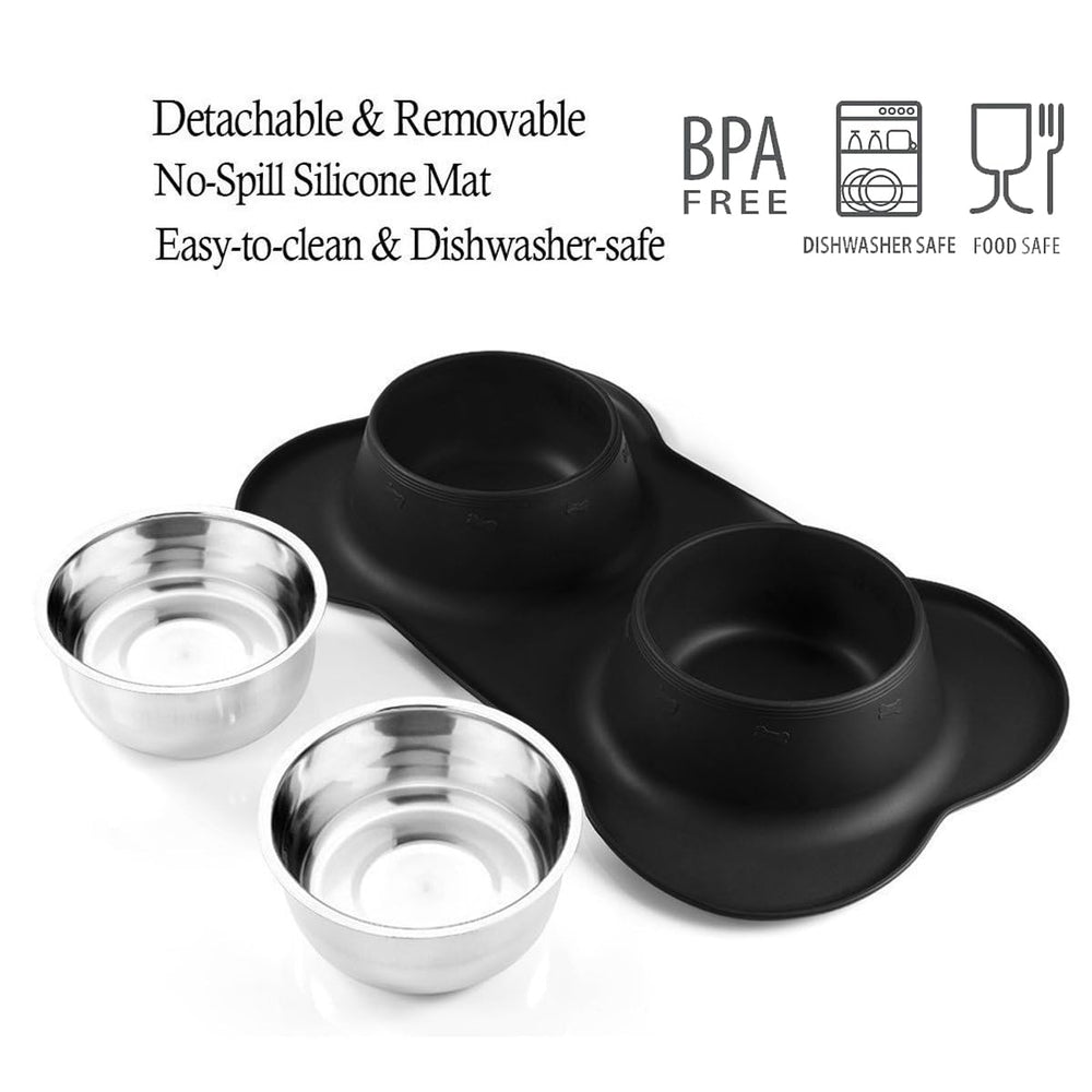 Pet Deluxe silicone mat base catches spills and stabilizes bowls during feeding.