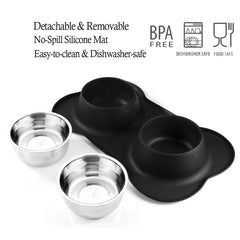 Pet Deluxe silicone mat base catches spills and stabilizes bowls during feeding.