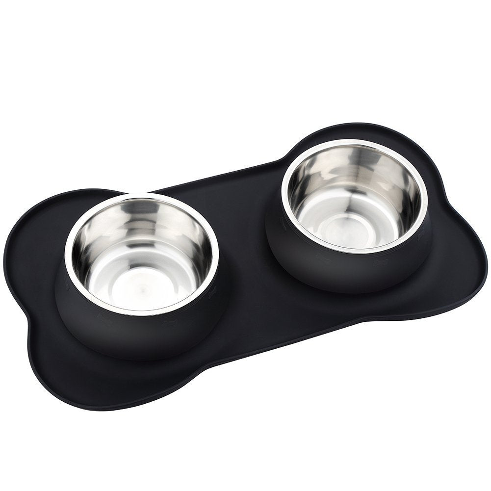 Pet Deluxe stainless-steel bowls with no-spill silicone mat keep floors clean during meals.