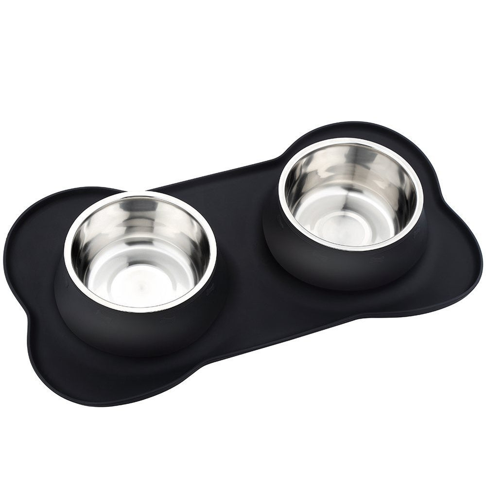 Pet Deluxe stainless-steel bowls with no-spill silicone mat keep floors clean during meals.