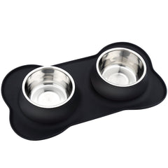 Pet Deluxe stainless-steel bowls with no-spill silicone mat keep floors clean during meals.