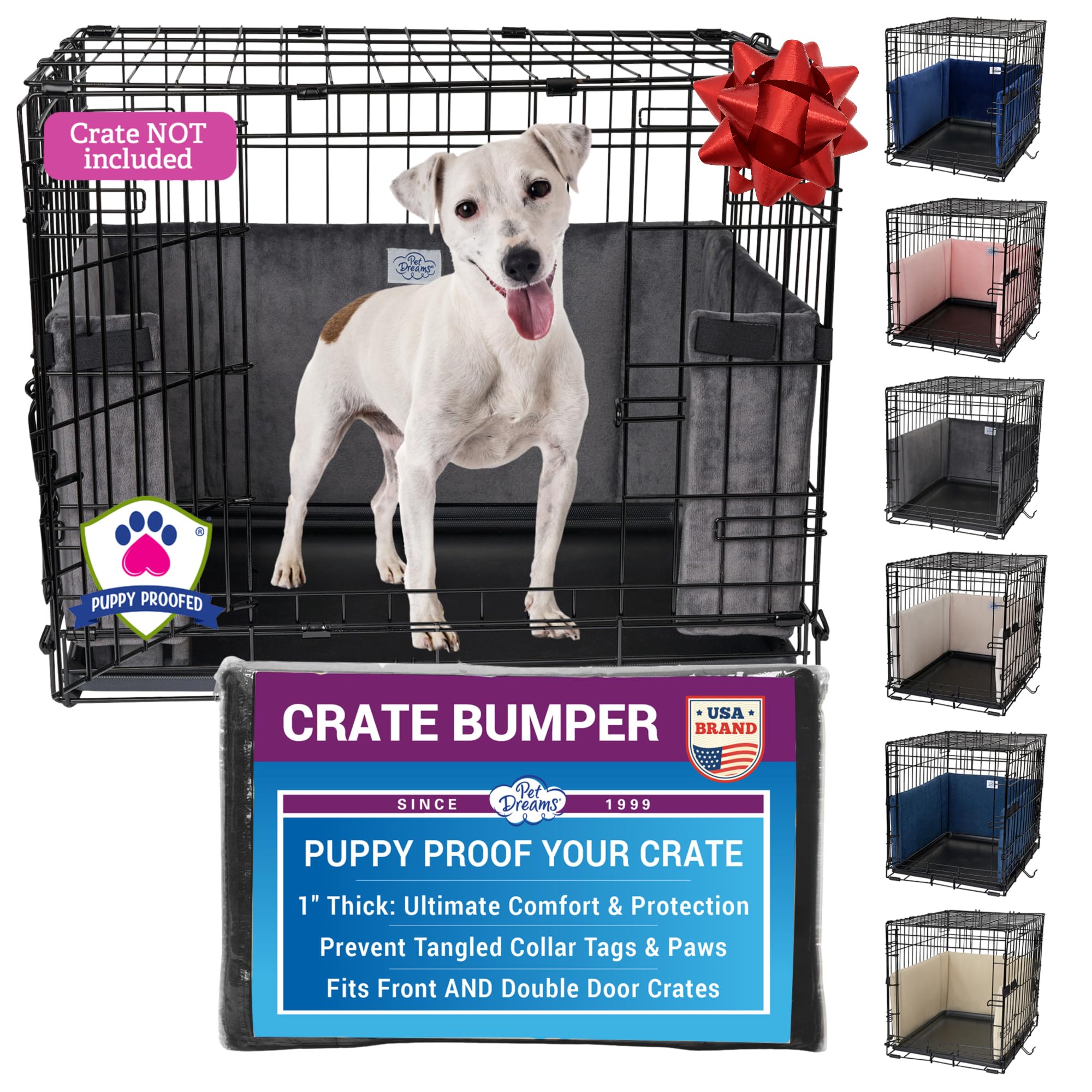 Pet Dreams crate bumper front view in grey shows universal fit and cozy interior.