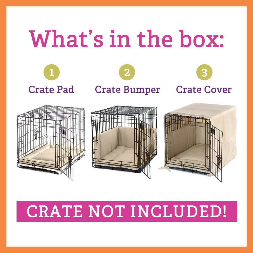 Pet Dreams crate cover in khaki draped on a metal crate for a cozy den