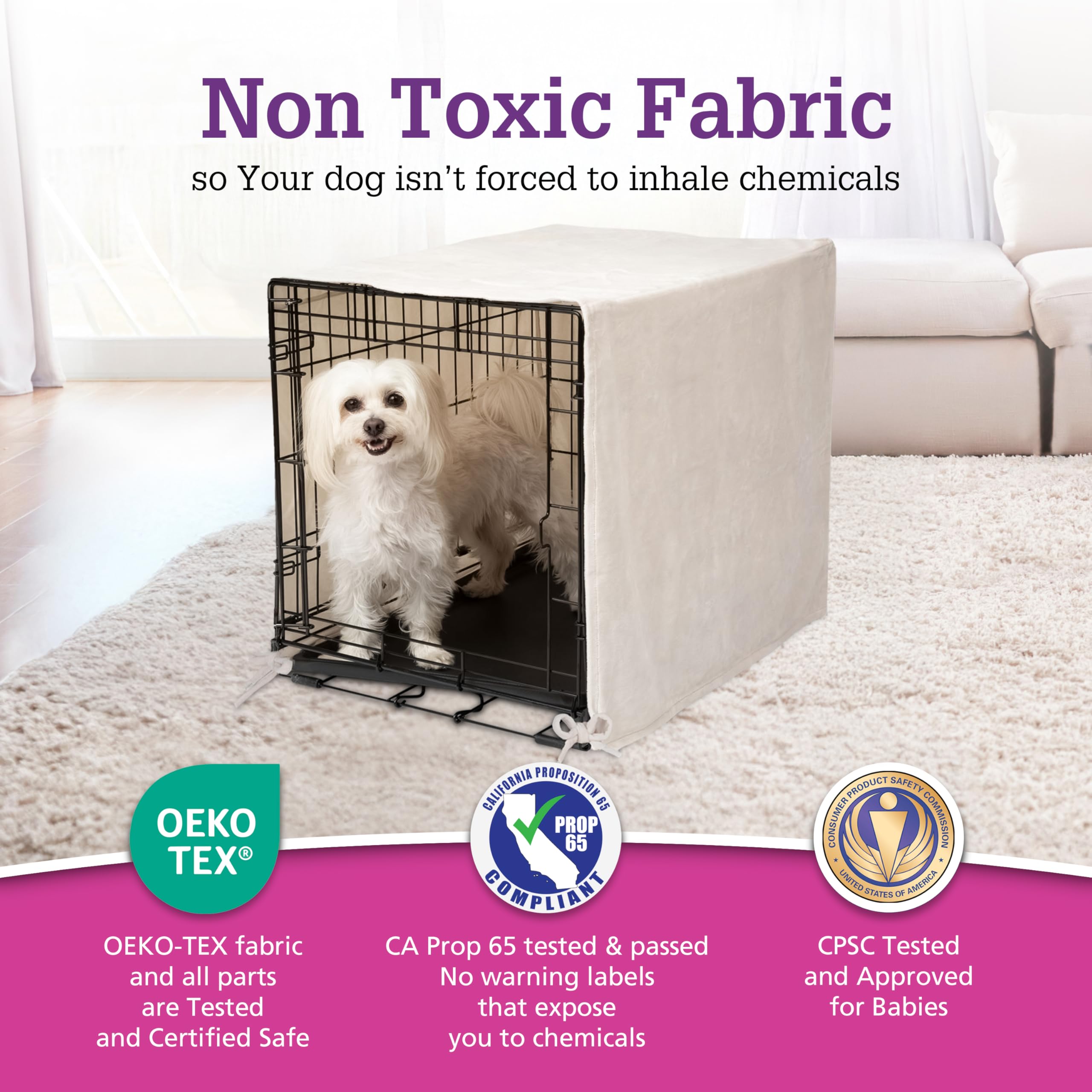 Pet Dreams plush grey crate cover complements home while maintaining ventilation.