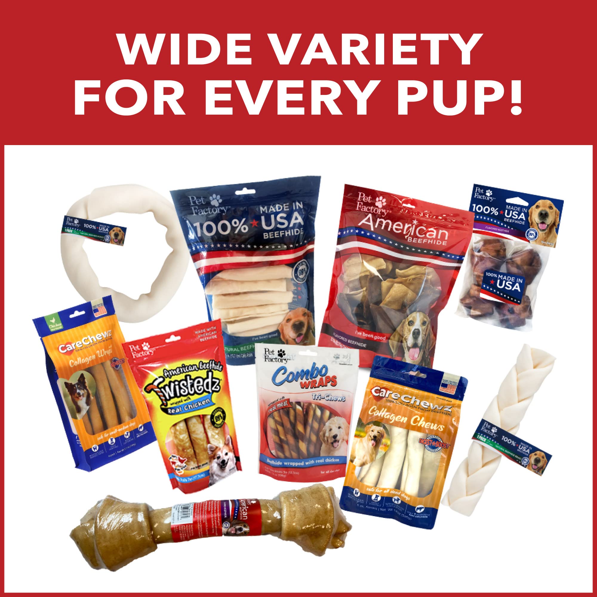 Pet Factory American Beefhide bone packaging with clear labeling for easy shopping
