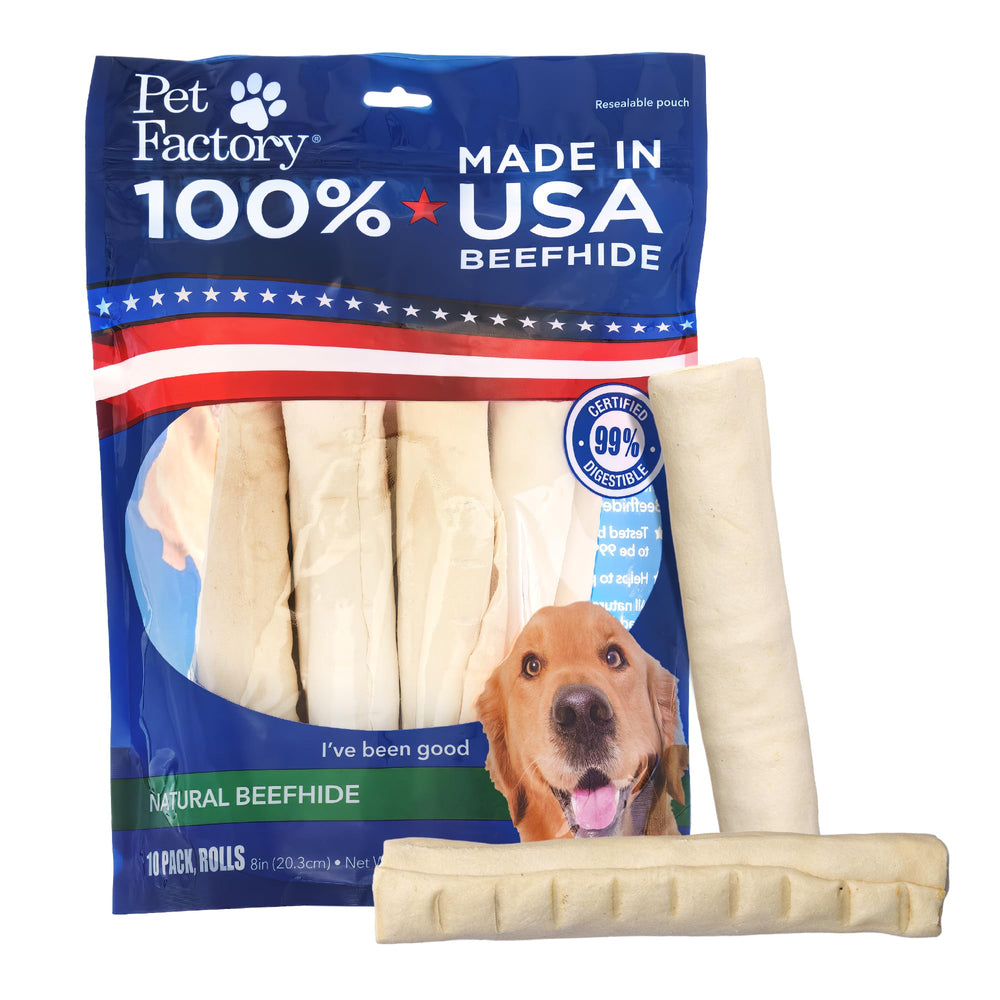 Pet Factory beefhide 8in roll dog chew shows chew-ready texture for medium dogs