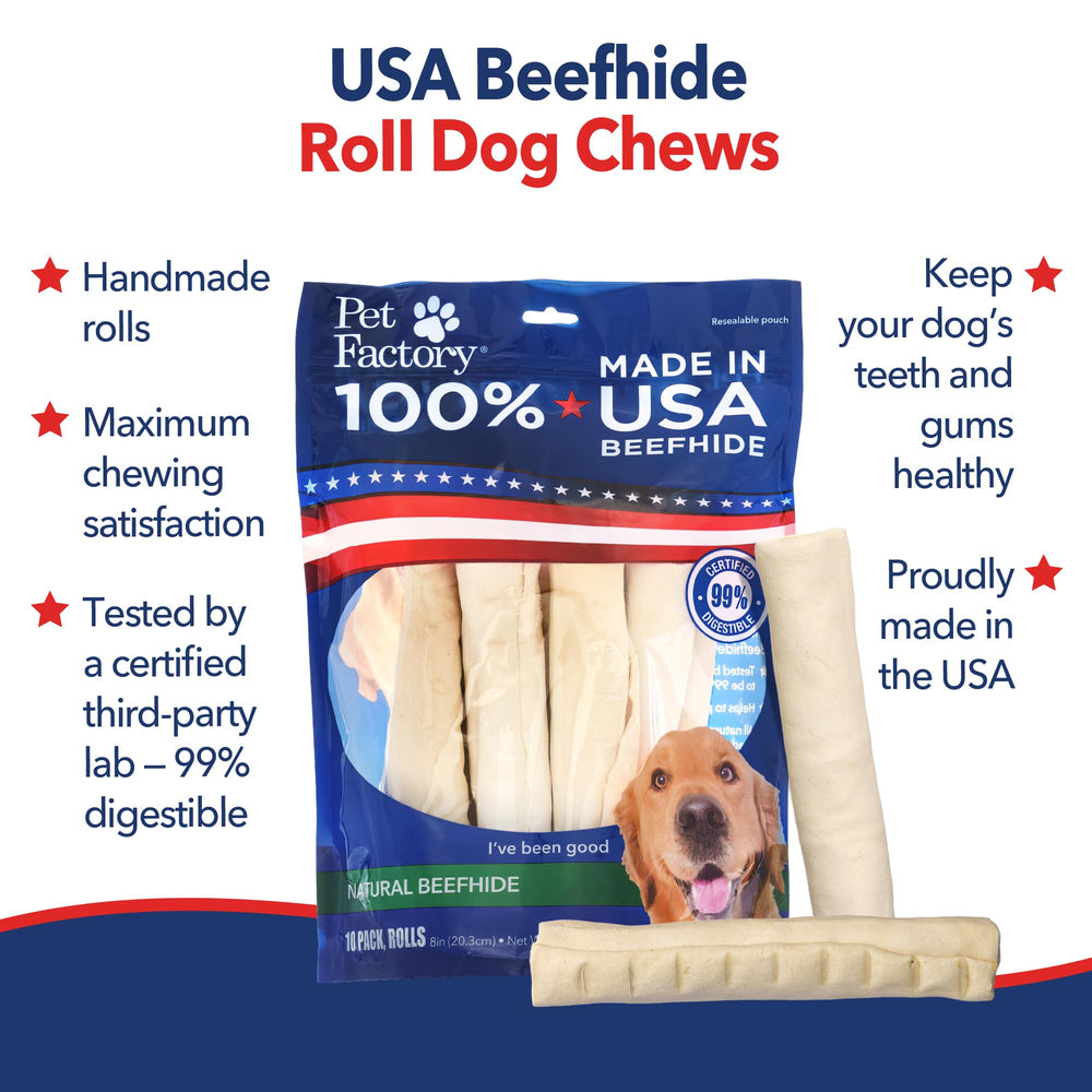 Pet Factory beefhide roll closeup illustrates dog chewing action and dental-like cleanup