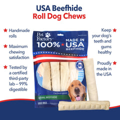 Pet Factory beefhide roll closeup illustrates dog chewing action and dental-like cleanup