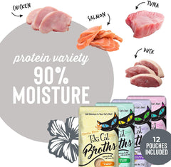 Pet Faves Savory Broth flavors include beef, chicken, duck and tuna options.