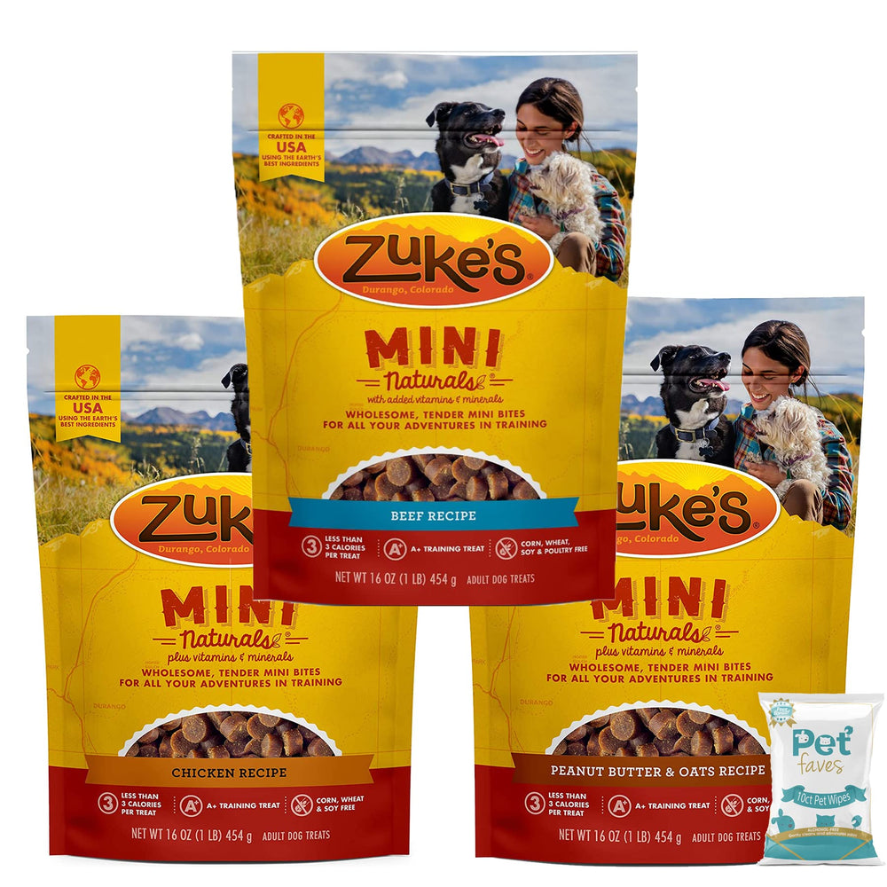 Pet Faves Zuke Mini Naturals Chicken 1lb bag closeup for training rewards.