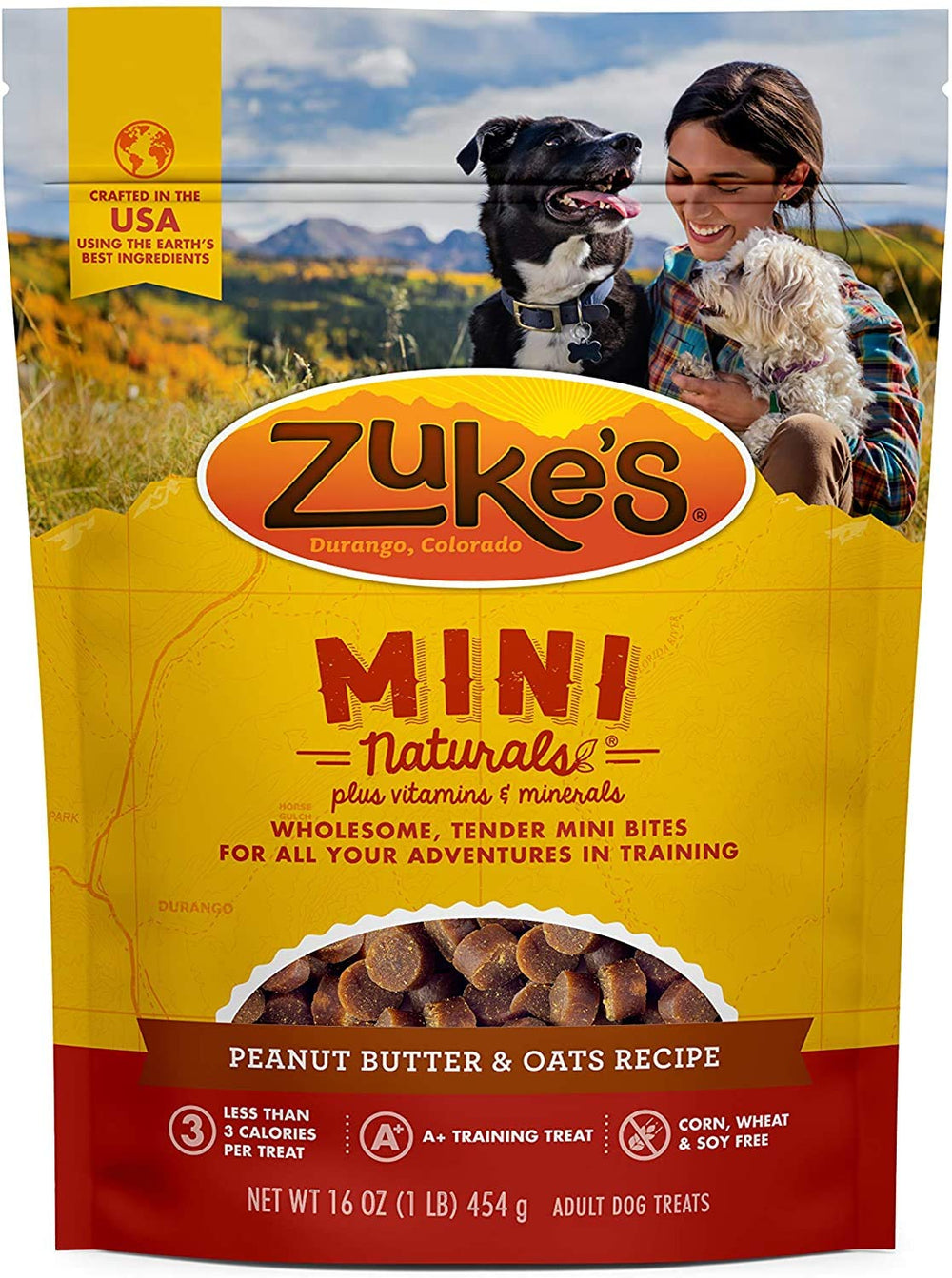 Pet Faves Zuke Mini Naturals Peanut Butter 1lb bag closeup with tasty treats.