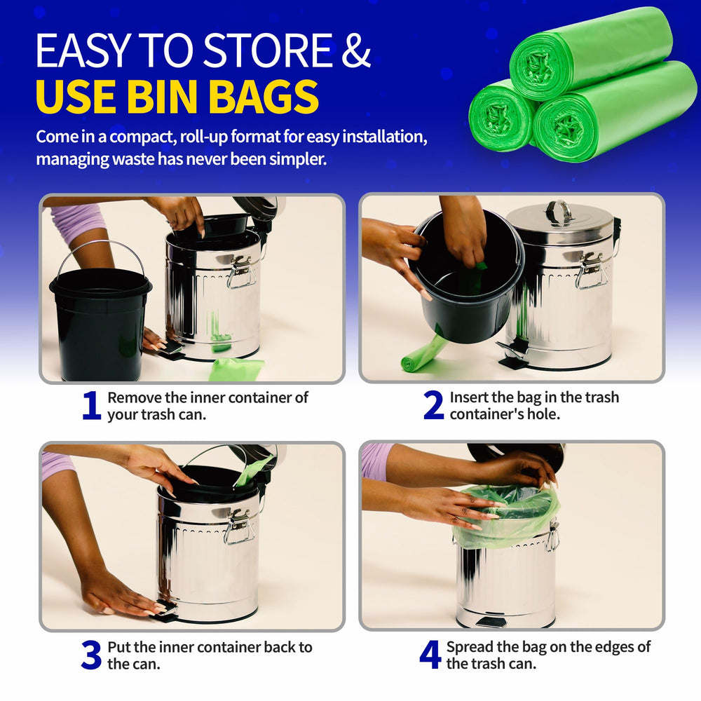 Pet Fit For Life green trash bags in a bathroom bin highlighting versatile use