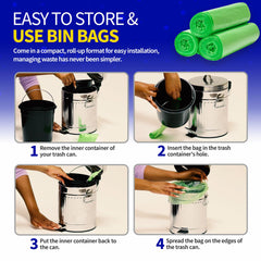 Pet Fit For Life green trash bags in a bathroom bin highlighting versatile use