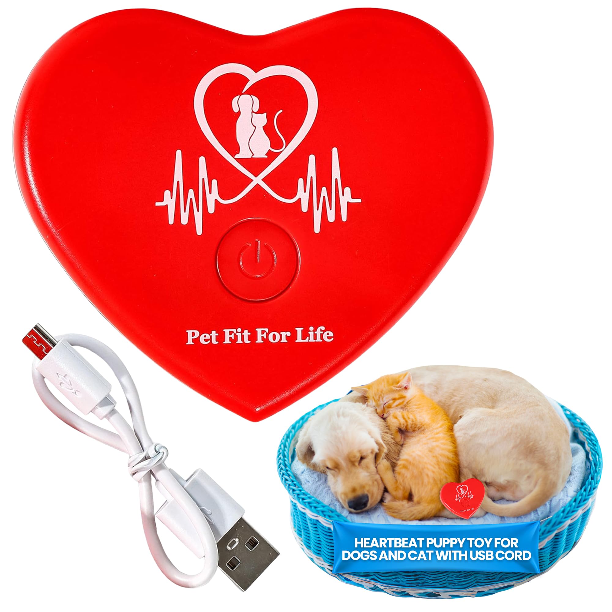 Pet Fit For Life red heartbeat toy close-up highlighting calming beating heart sound for puppies.