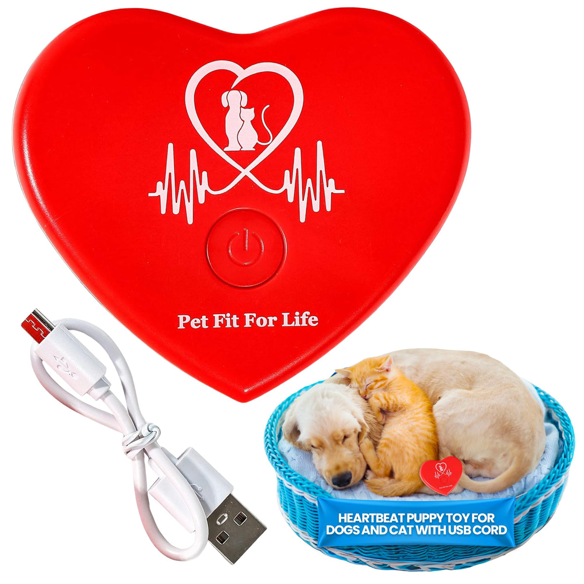 Pet Fit For Life red heartbeat toy close-up highlighting calming beating heart sound for puppies.