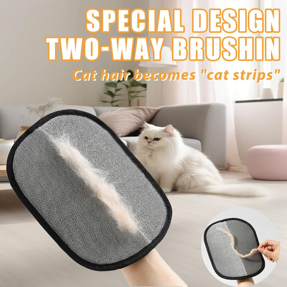 Pet Hair Removal Glove on couch removes pet hair from furniture.