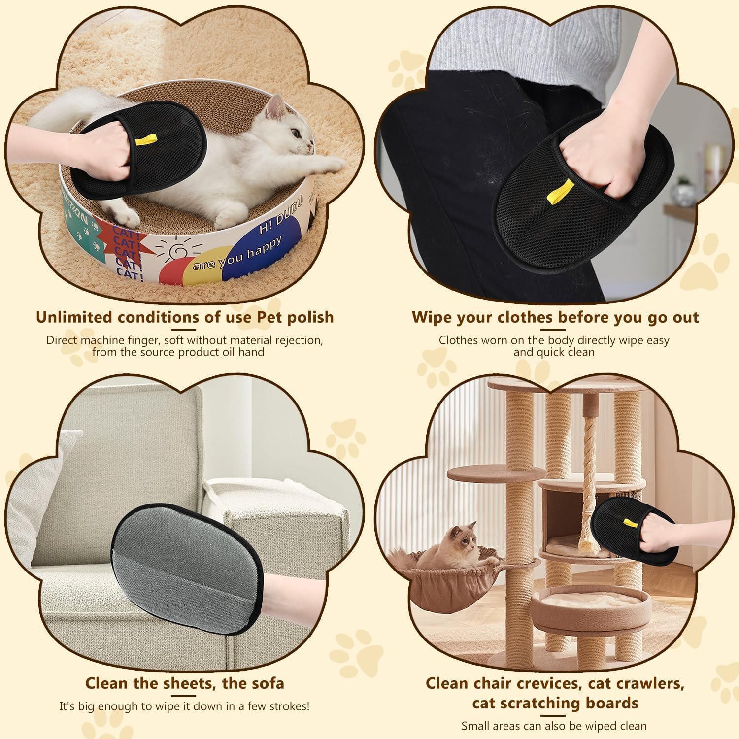 3pcs Pet Hair Removal Glove surface compatibility works on fabrics and furniture.