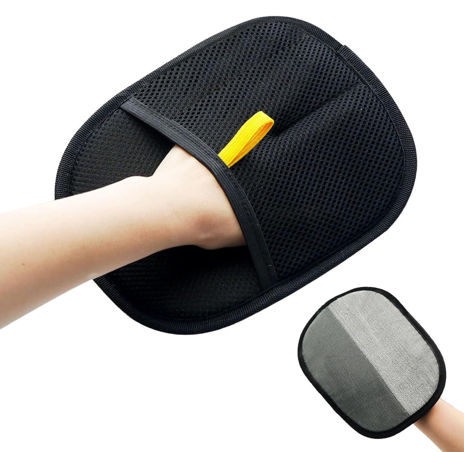 Pet Hair Removal Glove on sofa lifts fur quickly for clean upholstery.