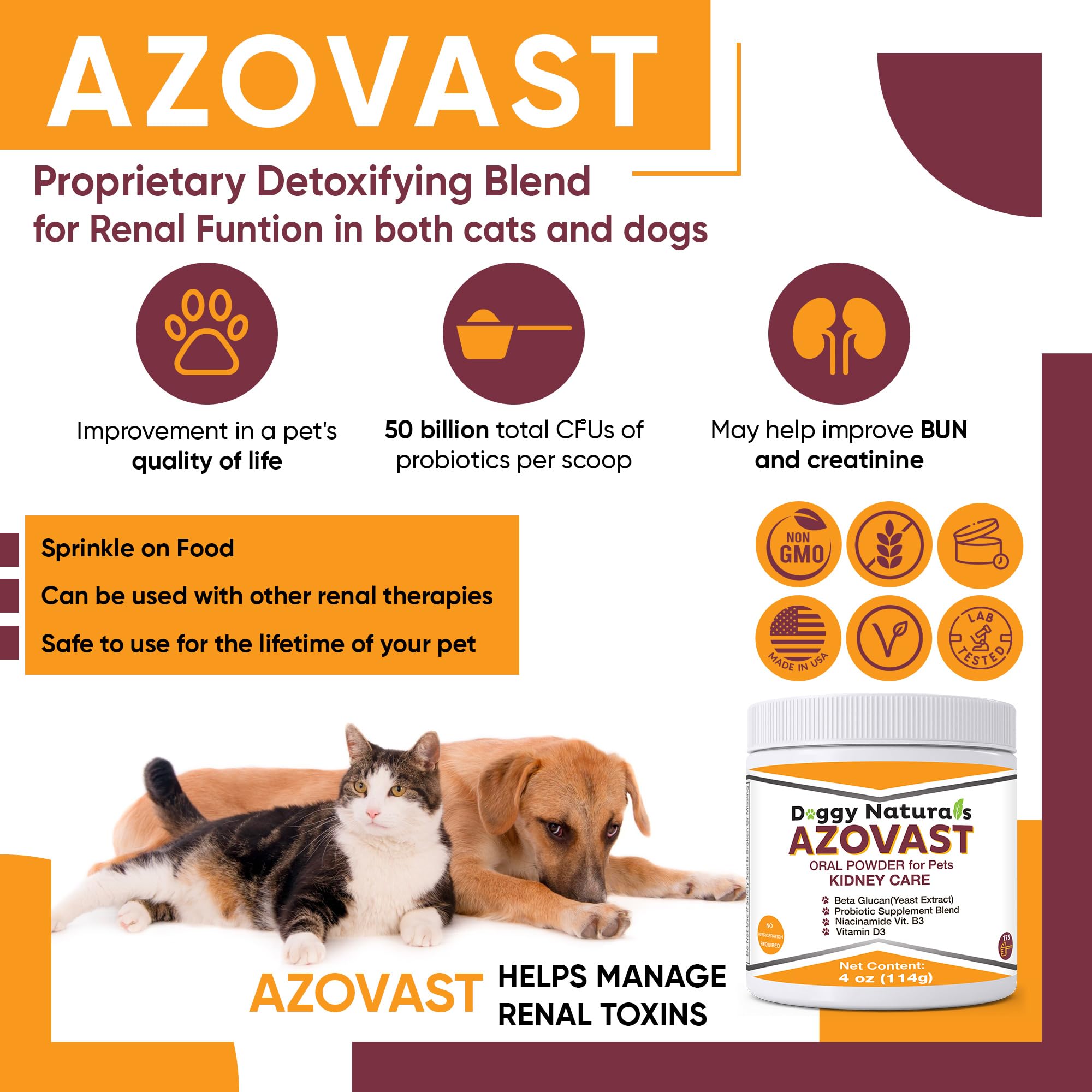 Pet Health Pharma Azovast powder in a dish supports easy feeding for dogs and cats.