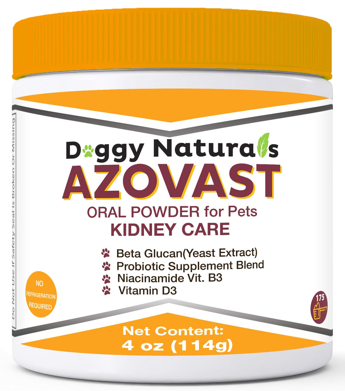 Pet Health Pharma Azovast powder jar with scoop for easy dosing and kidney-friendly meals.