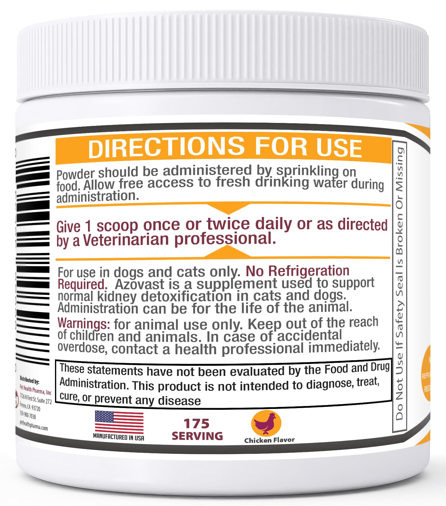 Pet Health Pharma Azovast powder texture and chicken flavor appeal to pets during meals.