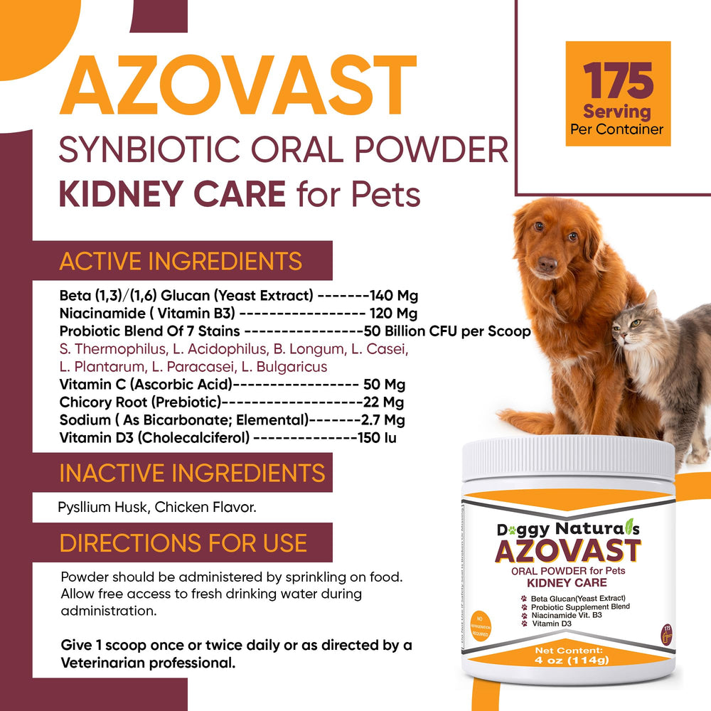 Pet Health Pharma Azovast scoop-dispense shows easy administration on meals for busy pet owners.