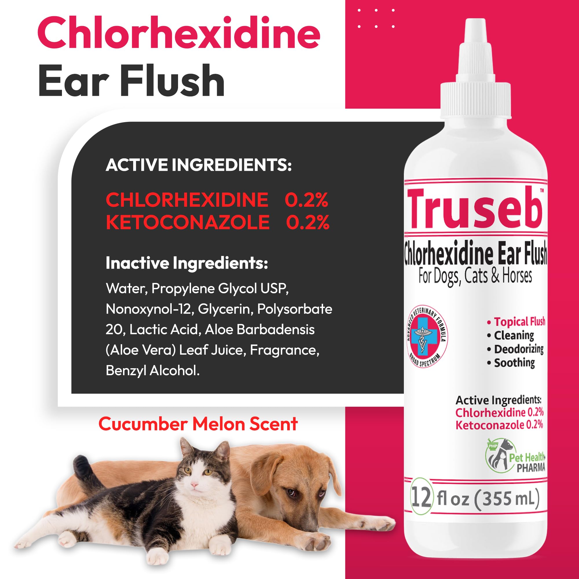 Pet Health Pharma ear flush label shows key ingredients and a gentle cleansing claim.