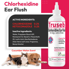 Pet Health Pharma ear flush label shows key ingredients and a gentle cleansing claim.