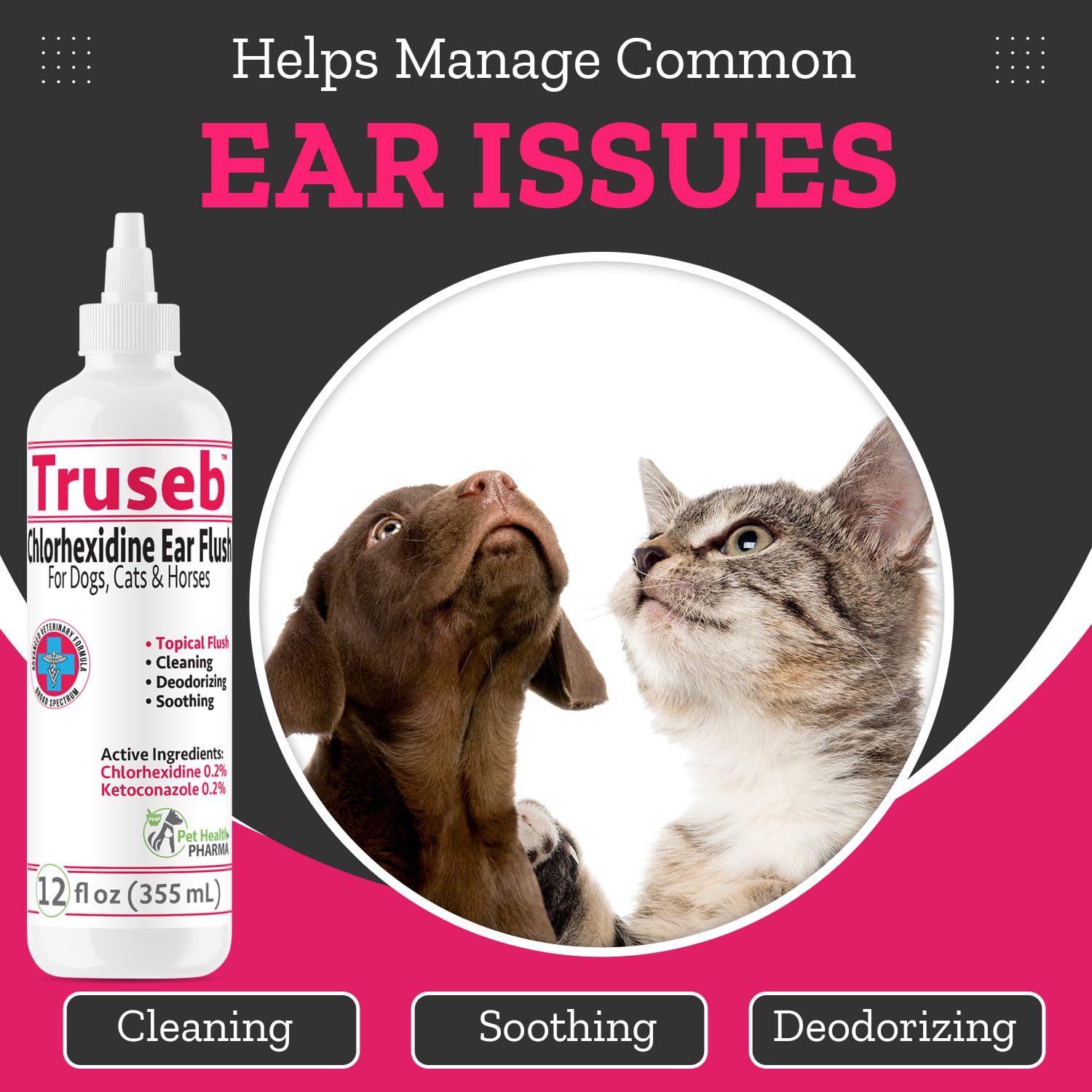 Pet Health Pharma light-scent ear wash emphasizes deodorizing yet gentle cleansing.