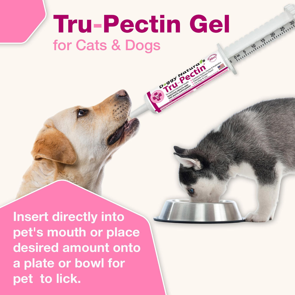 Pet Health Pharma Tru-Pectin paste in use with dog and cat showcases versatile dosing
