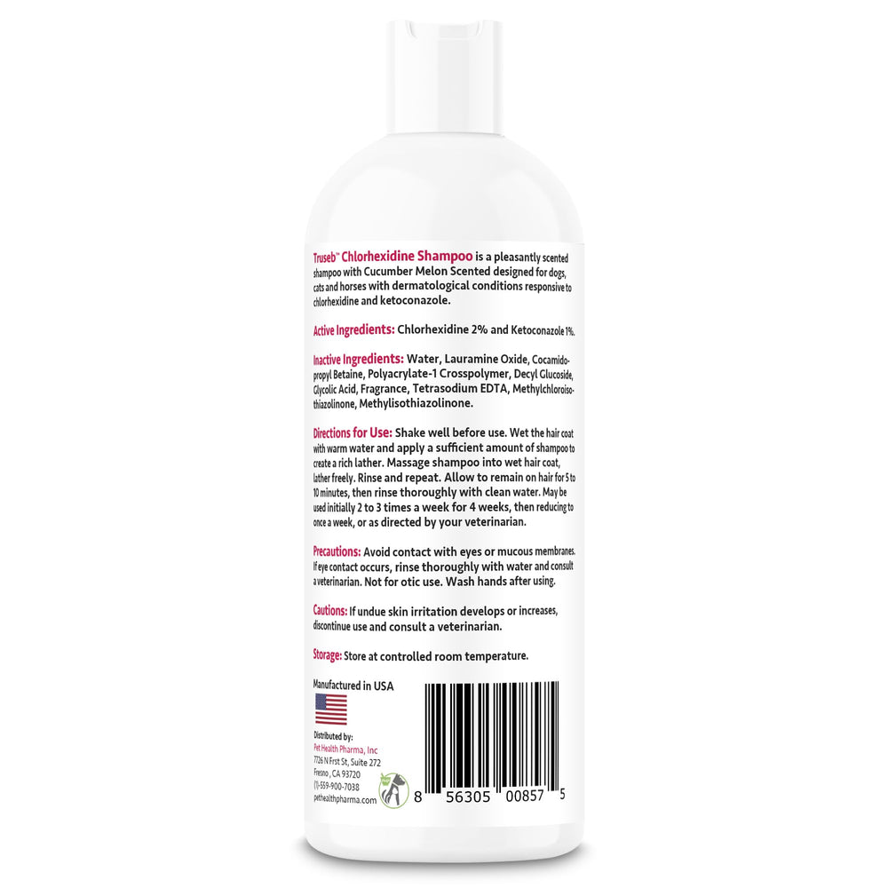 Three animals using Truseb shampoo on dogs, cats, and horses demonstrates versatility.